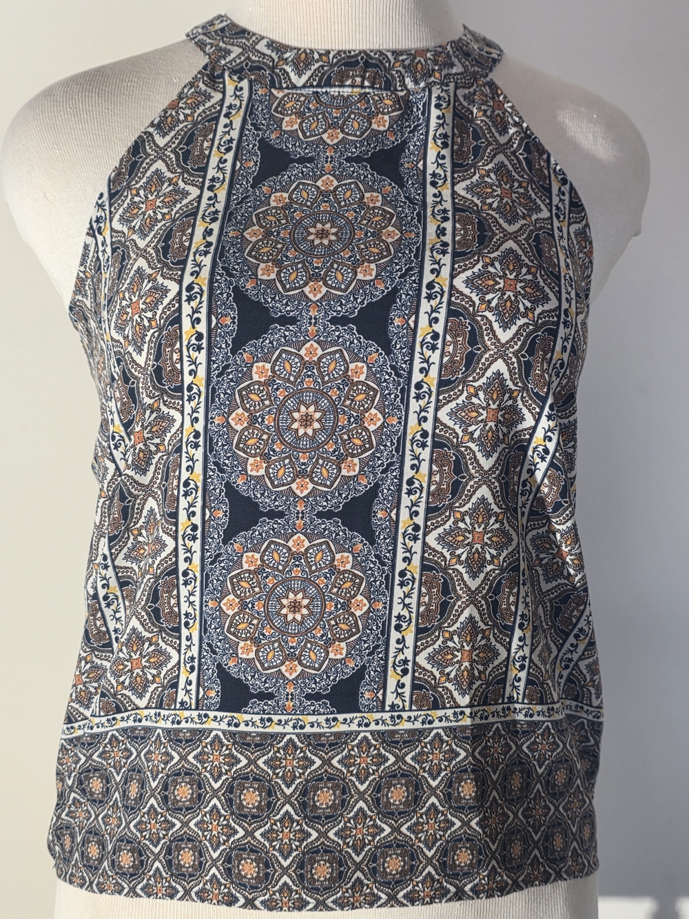 Monteau Navy, Cream & Tan Medallion Halter Camisole (Size L)